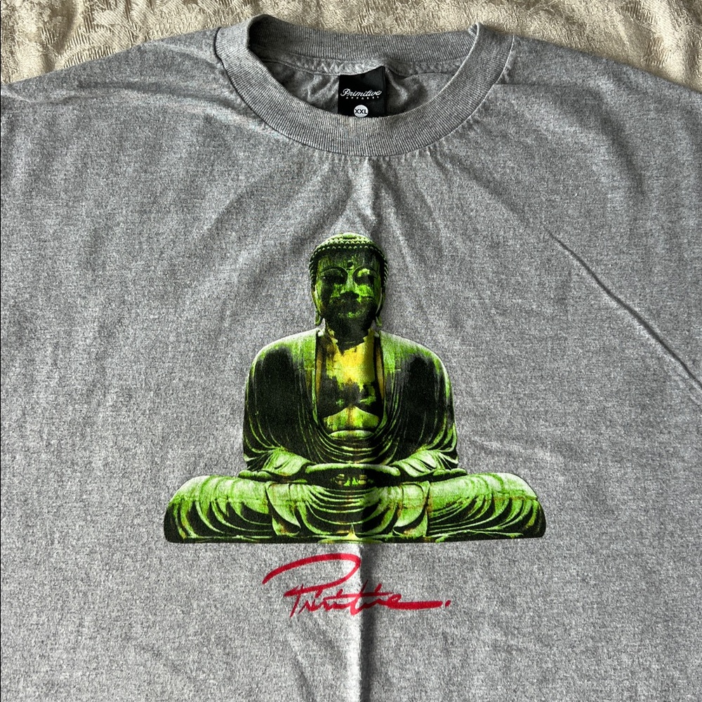 Primitive Gray T-Shirt with Green Buddha Graphic